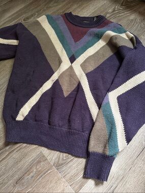 Structure Men’s Crewneck Sweater in Purple with Cream and Brown Accents